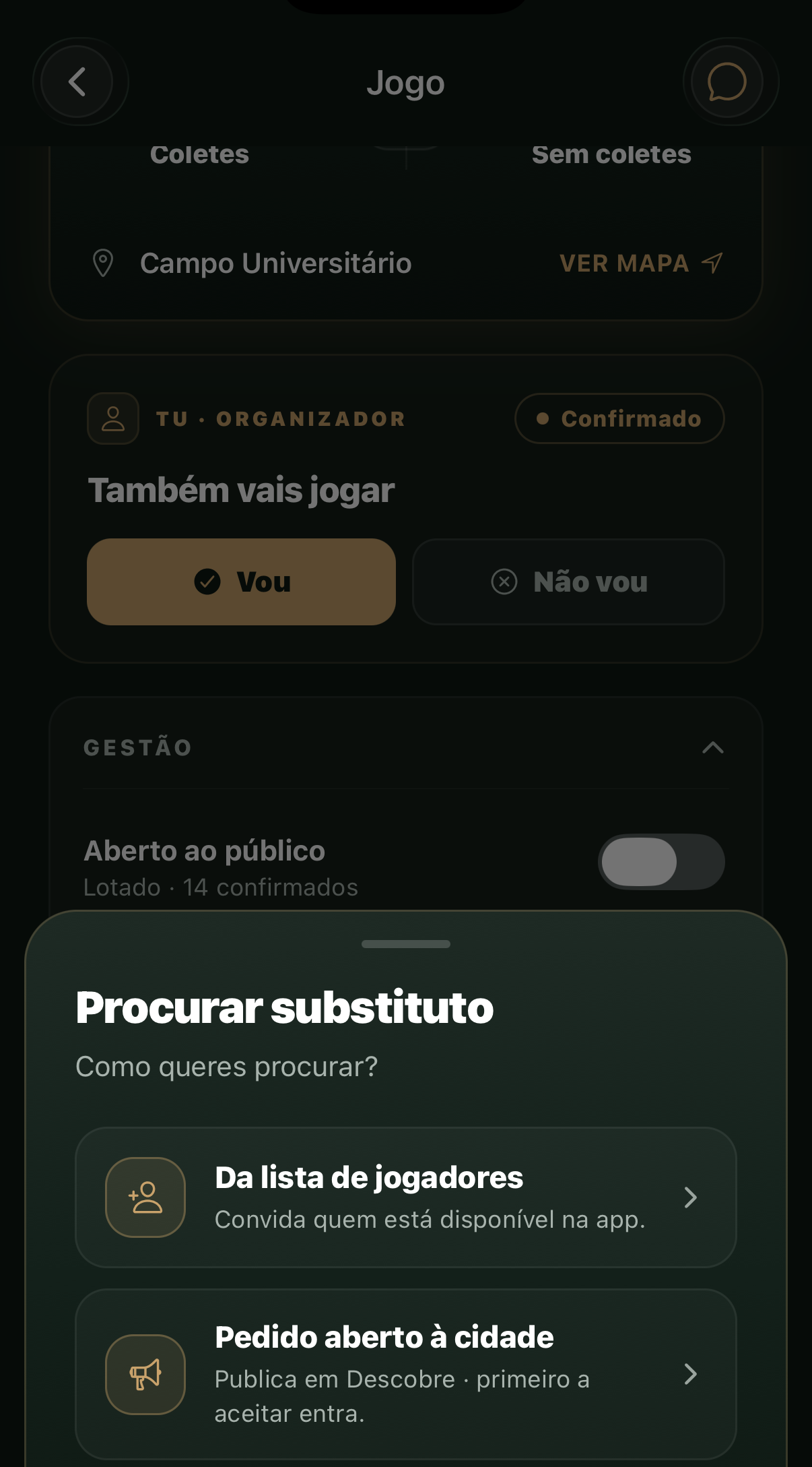 Ecrã 'Procurar substituto': lista de jogadores disponíveis ou pedido aberto à cidade