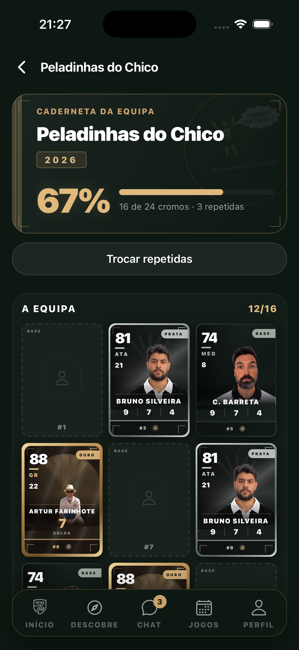 Caderneta da equipa na app: 67 por cento preenchida, 16 de 24 cromos e três repetidas