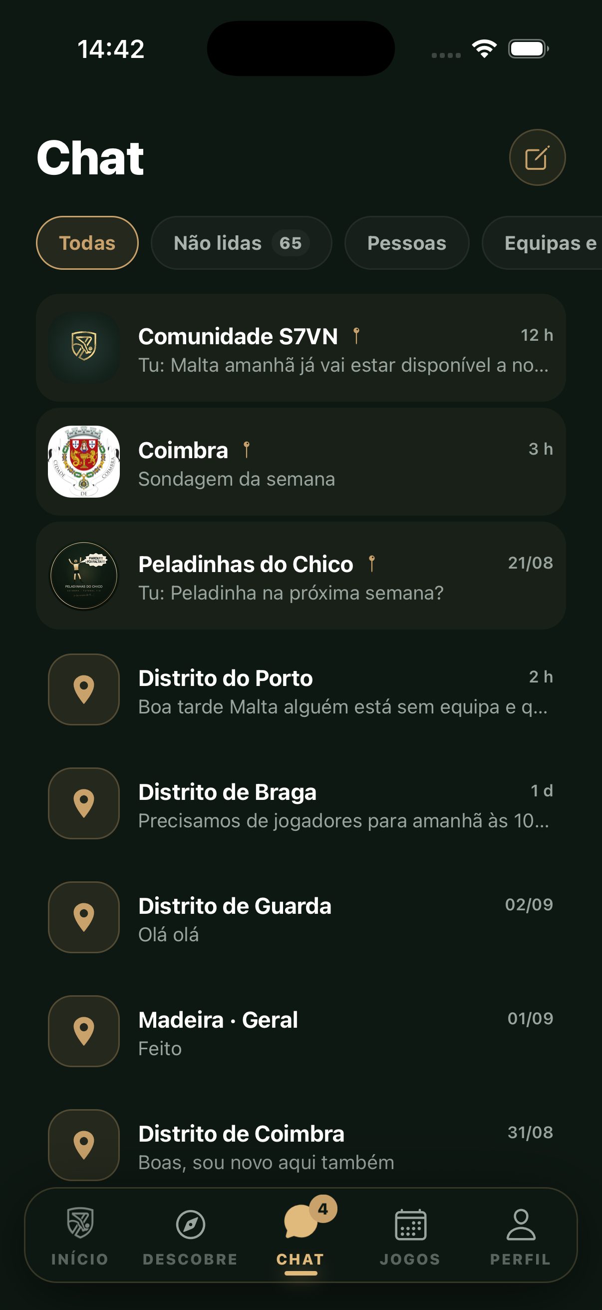 Lista de conversas da app: Comunidade S7VN, canais de distrito e chats de equipa