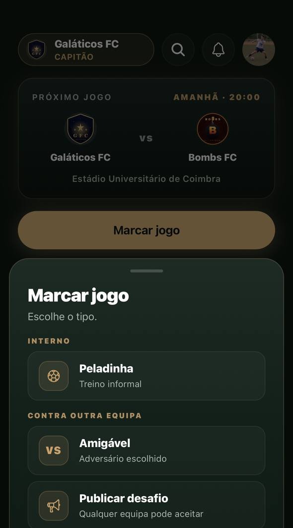 Bottom sheet para escolher tipo de jogo: peladinha interna, amigável ou publicar desafio à cidade