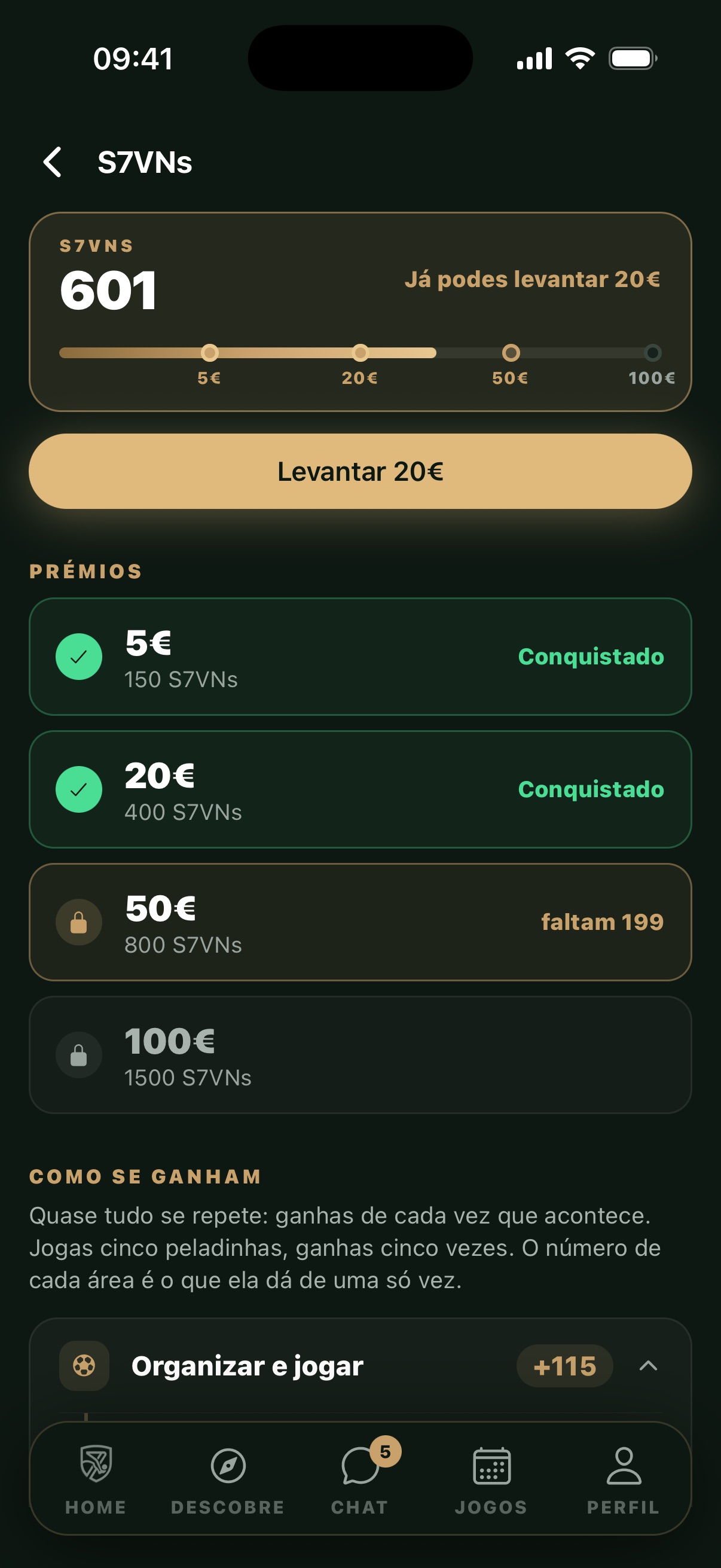 Ecrã dos S7VNs: 601 pontos, botão Levantar 20€ e a lista de prémios de 5€ a 100€